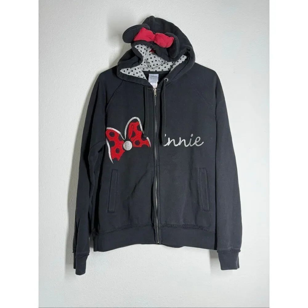 Rare Disney Parks Hoodie Size L Minnie Mouse Zip Up Jacket With Mouse Ears & Bow